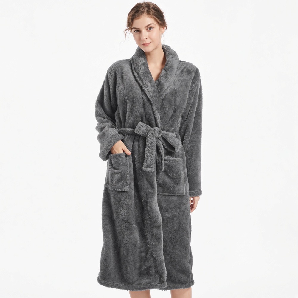 Inner Wish Robe Gray Plush Fleece Shawl Collar Long Fuzzy Housecoat L/XL